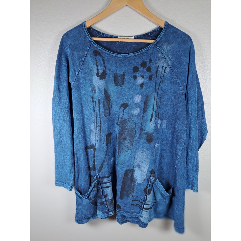 Jess & Jane Blue Abstract Print Cotton Slub Tunic Top Pockets M12-000 Medium